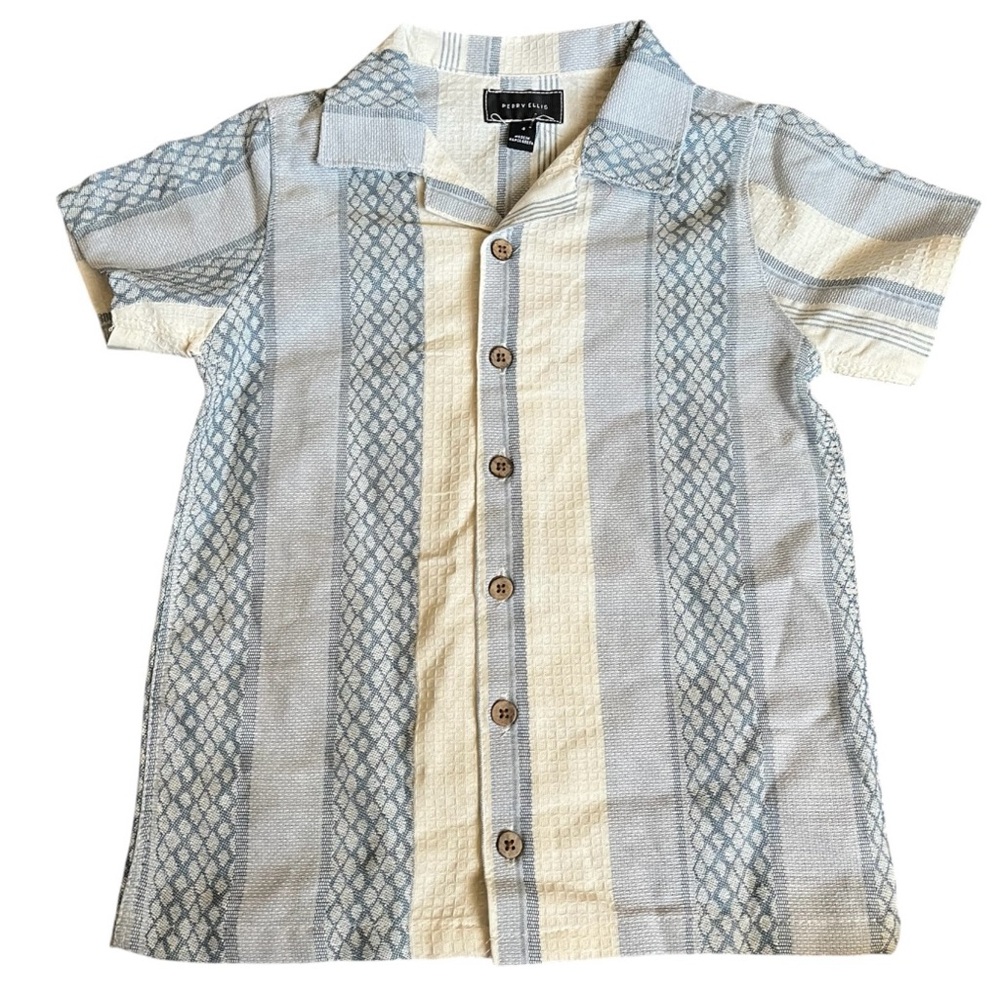 Brand New Perry Ellis Boys Kids Linen Striped Shirt - Blue and Cream Size 4